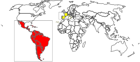 World map with Latin America highlighted in red in an inset and parts of Western Europe marked yellow; black borders show countries and continents.
