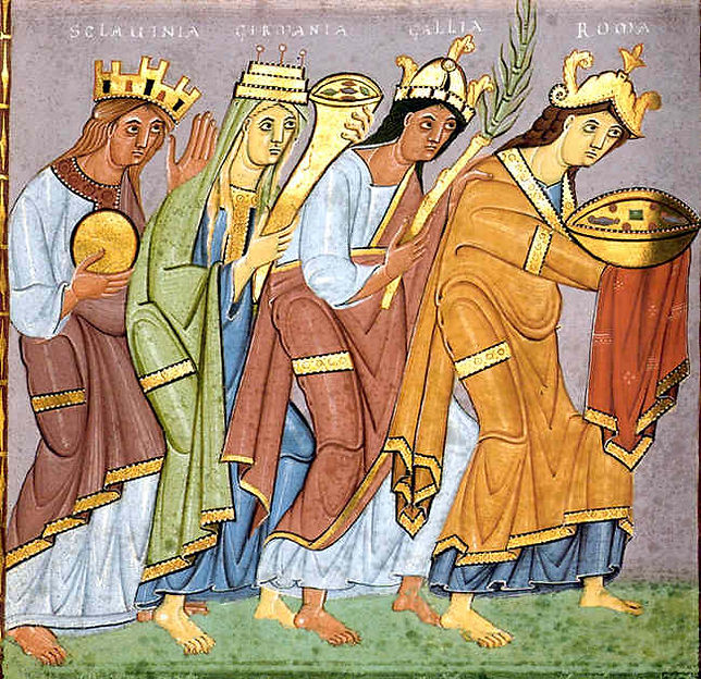 Four women approach the Emperor Otto III, representing different provinces of his empire (note ‘SCLAUINIA’ or Sclavinia on the left, representing Otto’s Slavic lands). Munich, Bayerische Staatsbibliothek, Clm. 4453