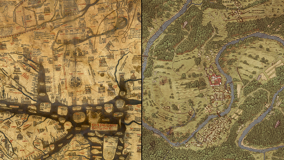 side-by-side of the Hereford Mappa Mundi and the world map from Kingdom Come: Deliverance. On the left is a zoomed-in view of an old medieval map, with water filled in with dark ink, surrounded by drawings of buildings, shapes, and walls drawn at all angles. Text is mixed in with the images, making the map feel busy and full of information. On the right is a screenshot from a modern video game map, drawn in a storybook style, with forests, rivers, farm fields, and town buildings placed neatly on the map and coloured brightly.