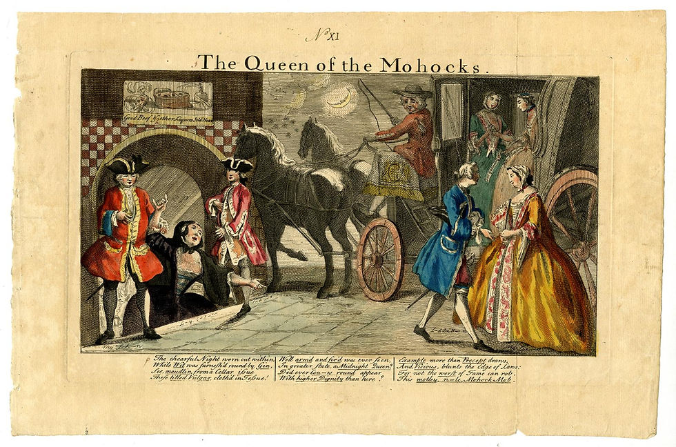 This is a hand-coloured 18th century satirical print titled ‘Queen of the Mohocks’, showing a richly dressed woman beside a carriage as fashionable figures attack a man in a London street, illustrating how print imagery dramatized and amplified fears of elite urban violence.