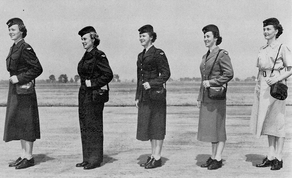 Five uniformed women in a line