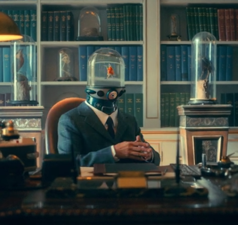 An image of A. J. Carmichael, who has a human body and a fish bowl (including a gold fish) for a head.