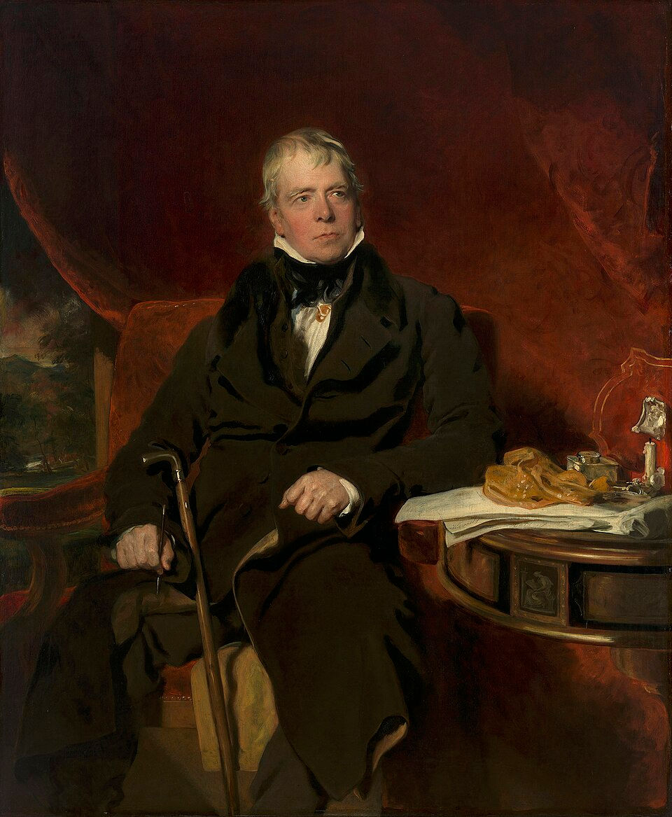 This full-colour portrait painting shows a white, middle-aged man with thinning, white hair sat in an armchair in front of a red curtain backdrop. He looks pensively out to the right, a walking cane rests between his open legs. To his right, his elbow rests on a circular, panelled shelf on which papers, an inkwell, and a candle also rest. To his left is a view to the outside where a hill, trees, greenery, and a sunset are detailed, and he has a pen in his left hand.