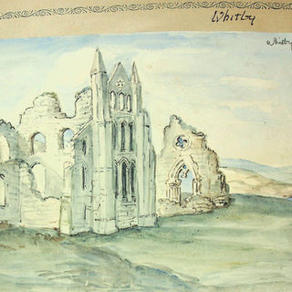 Watercolor painting of Whitby Abbey ruins under a pale blue sky. The gothic structure overlooks a coastal landscape, evoking tranquillity and history.