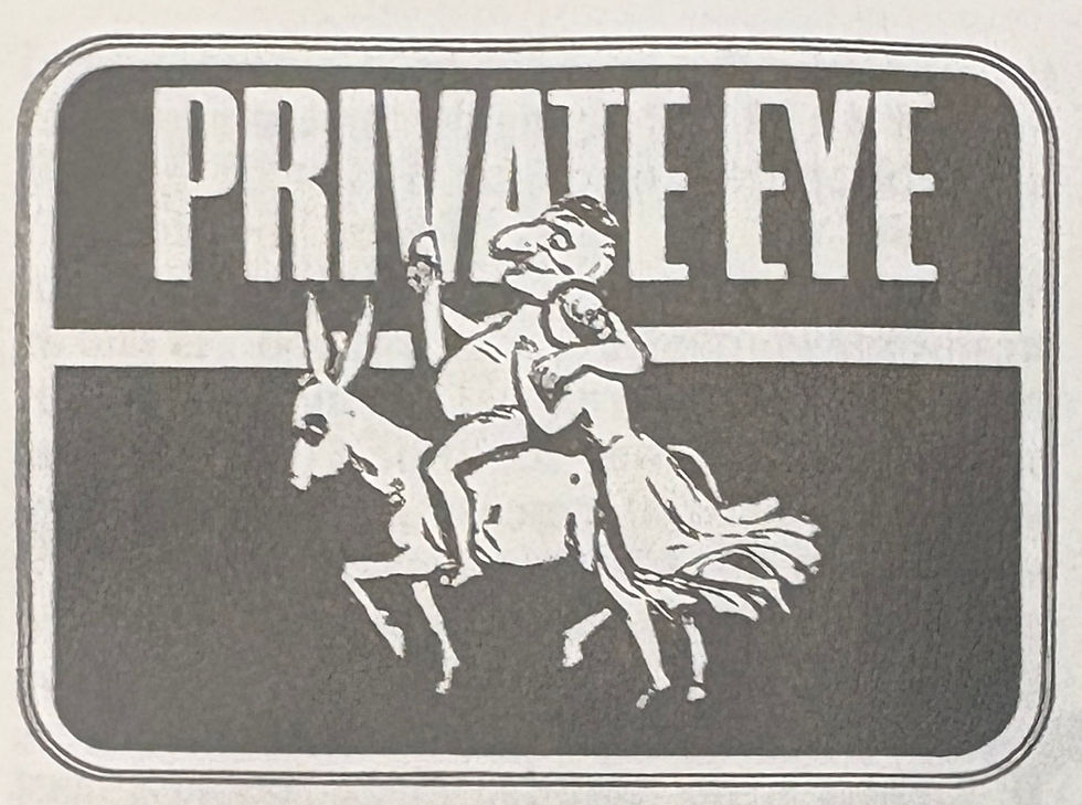  A black and white graphic logo for Private Eye. It shows a simplified version of the Gerald Scarfe drawing: a naked Mr Punch with a large nose riding a donkey, with a woman holding him from behind. The image is set inside a dark, rectangular frame with rounded corners, bisected by a horizontal white line.  