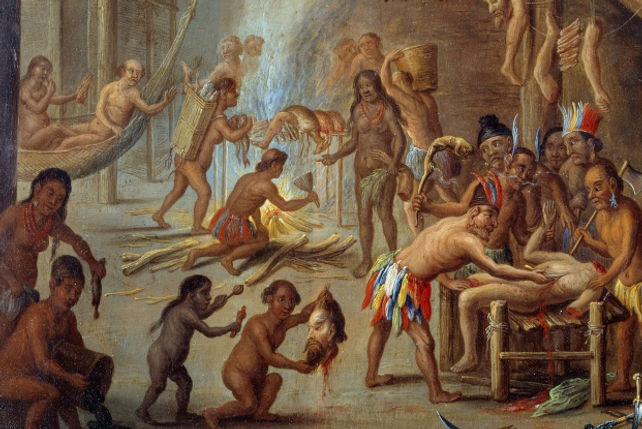 Jan van Kessel the Elder, Scene of cannibalism in Brazil, 18cm × 24cm, Musee de Nouveau-Monde, La Rochelle.