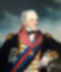 Portrait of a dignified man in a military uniform adorned with medals, a blue and red sash, and epaulets, set against a moody sky background.