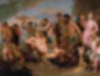 A classical baroque painting showing a group of revellers in a procession. At the centre is a nude and intoxicated Bacchus reclining in a wooden cart. He is surrounded by various figures, including satyrs, a man blowing a horn and women in classical drapery. All of this is set against a cloudy sky.