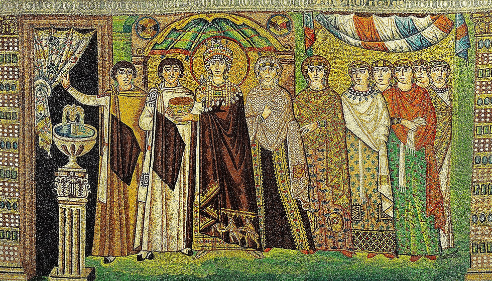 Byzantine mosaic of Empress Theodora in the Basilica of San Vitale, Ravenna, flanked by two court officials on her left identified as eunuchs. 