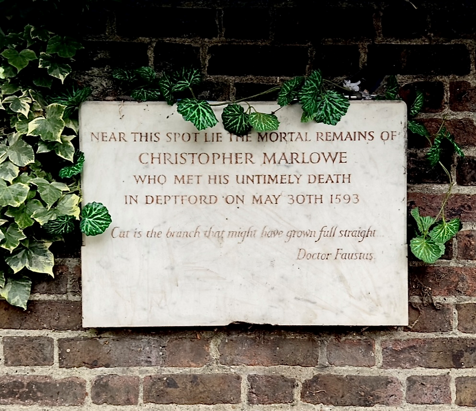 A photograph depicting an inscription marking the approximate location of the grave of Christopher Marlowe.