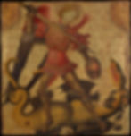 A medieval painting depicting a winged armoured figure, Saint Michael, standing over a defeated dragon while holding a sword and shield. The artwork features intricate armour details, red and gold colours, and a textured golden background.