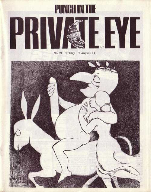 A black and white, grotesque caricature of the character Mr Punch. He is depicted entirely naked with an exaggeratedly large nose and chin. Riding a donkey, he holds his phallus in hand. A woman in a simple dress stands behind the donkey with her arms wrapped around Mr Punch’s waist.   