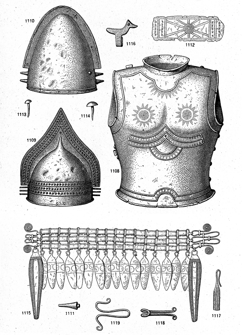 Urnfield culture artefacts - Bronze cuirass, helmets, and ornaments. (Credit: Wikimedia Commons CC BY-NC 4.0).