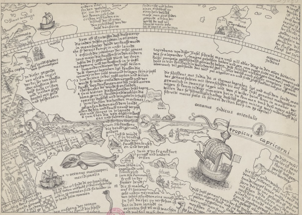 Partie du globe de Martin Behaim montrant l'Océan Indien vers Taprobana (Ceylan), l'entrée de la mer Rouge et Madagascar. Behaim, Martin (1459-1507). © Gallica