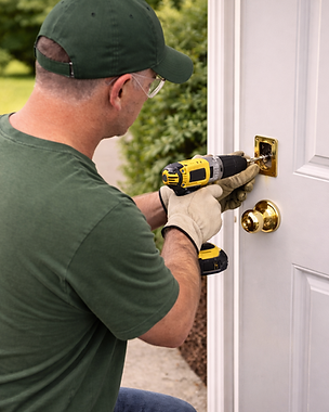 Technician installing a new door lock on a rental property entrance