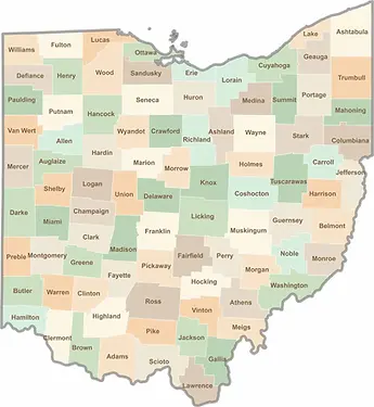 Map of Ohio showing county boundaries and service regions