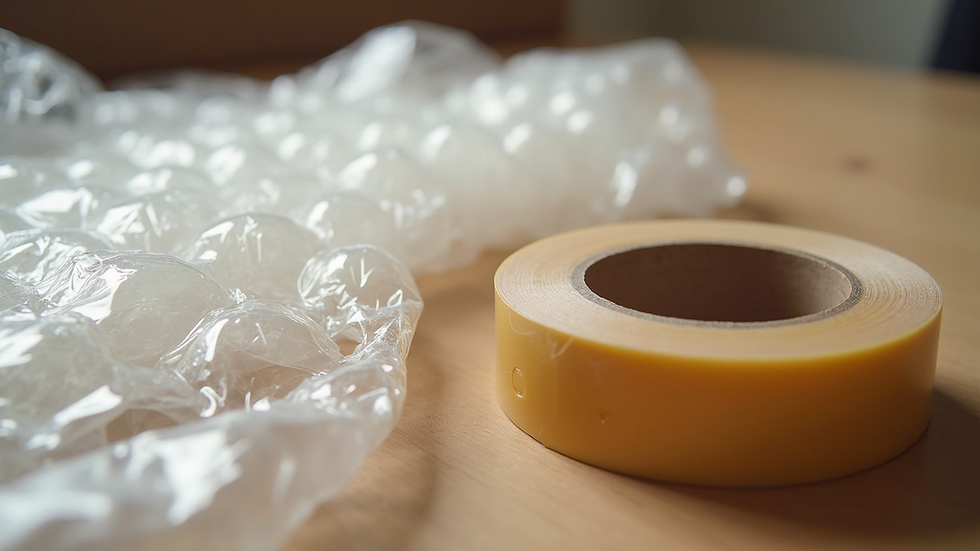 Close-up of bubble wrap and packing tape ready for use