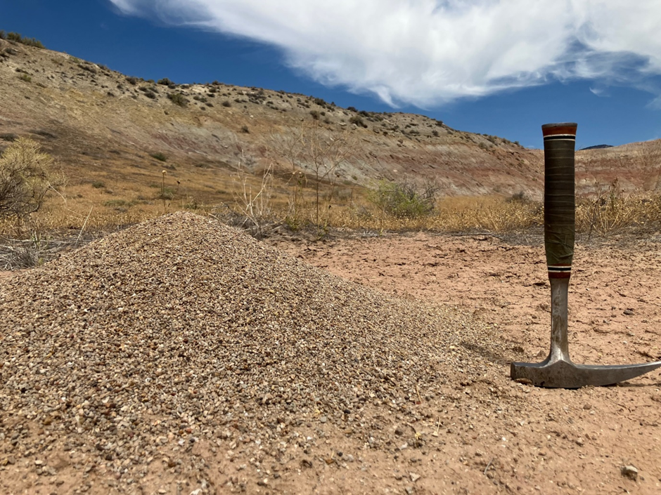 ‘Fire ant nest mound in front of the Morrison Formation. The grey, red and purple banding is indicative of the Morrison Formation in Wyoming’