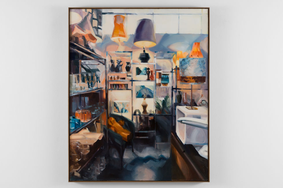Painting of the interior of a vintage shop, showing lit lamps and collectibles, including an old teddy bear