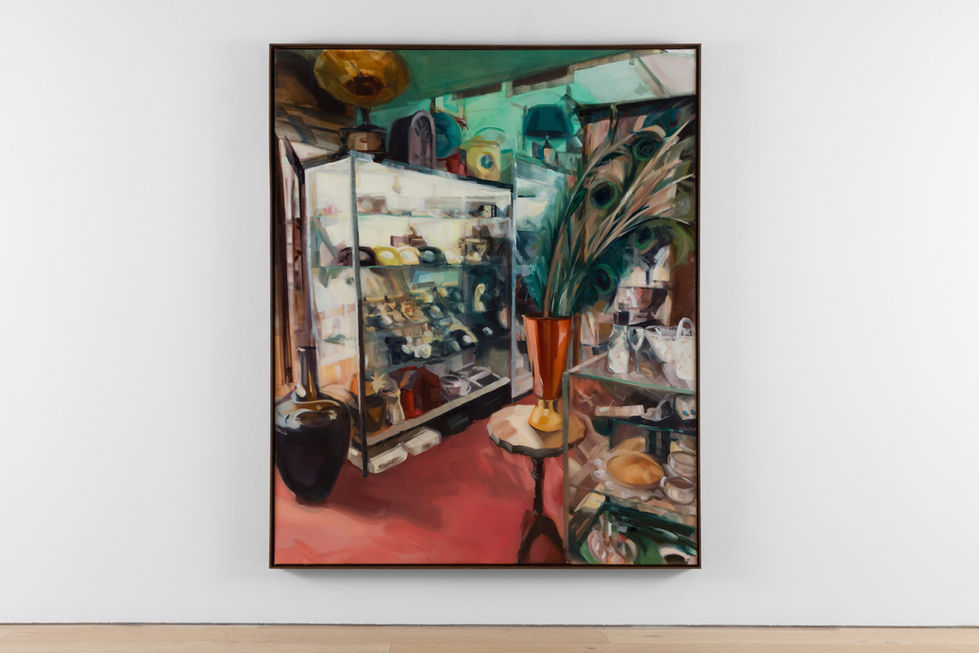 Painting of a cabinet in a vintage shop, with old telphones and a big vase with peacock feathers