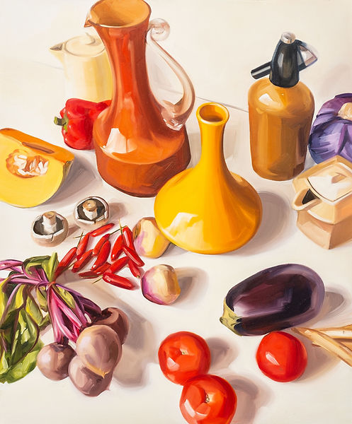 Still life painting in oranges and reds