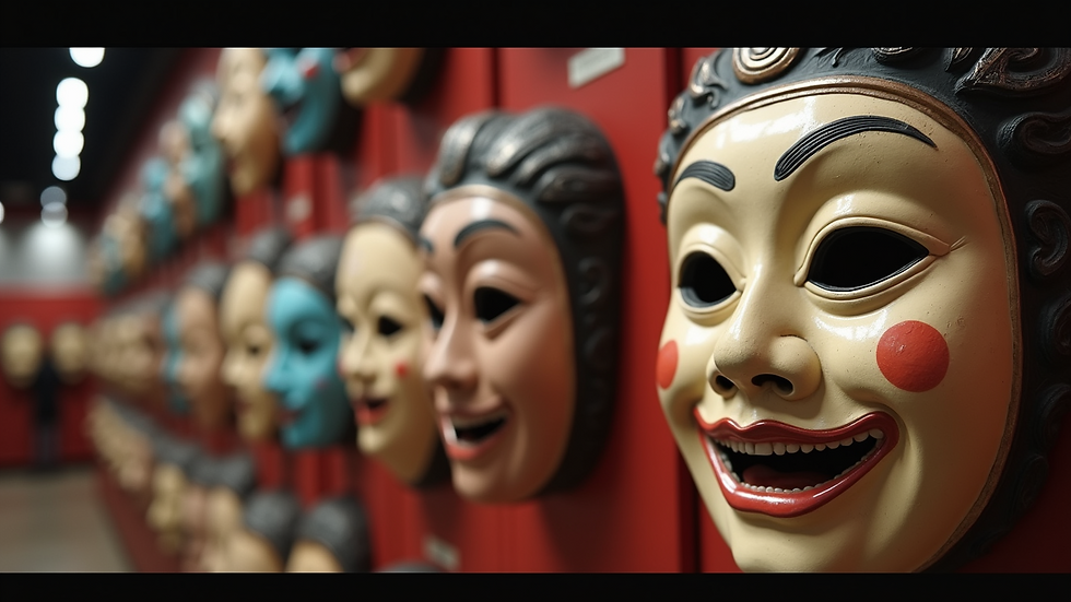 Close-up view of traditional Korean masks on display in Andong