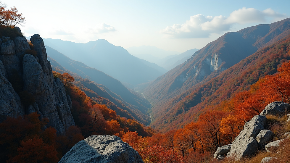 High angle view of rocky mountains and autumn foliage in Seoraksan