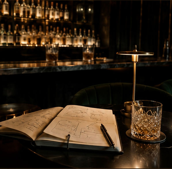 Hospitality consulting notebook and cocktail tools on a moody bar top