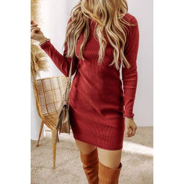 Ribbed Knit Long Sleeve High Neck Mini Dress