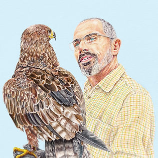 Hand drawn portrait illustration of a man holding an eagle