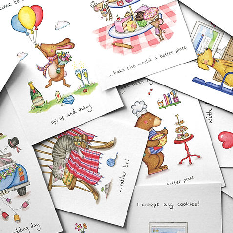 Hand drawn watercolour illustrations greetings cards in a pile