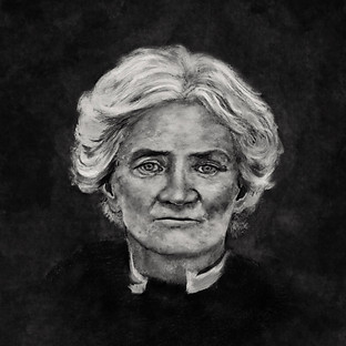 Portrait illustration for a book cover, black and white, atmospheric, mixed media