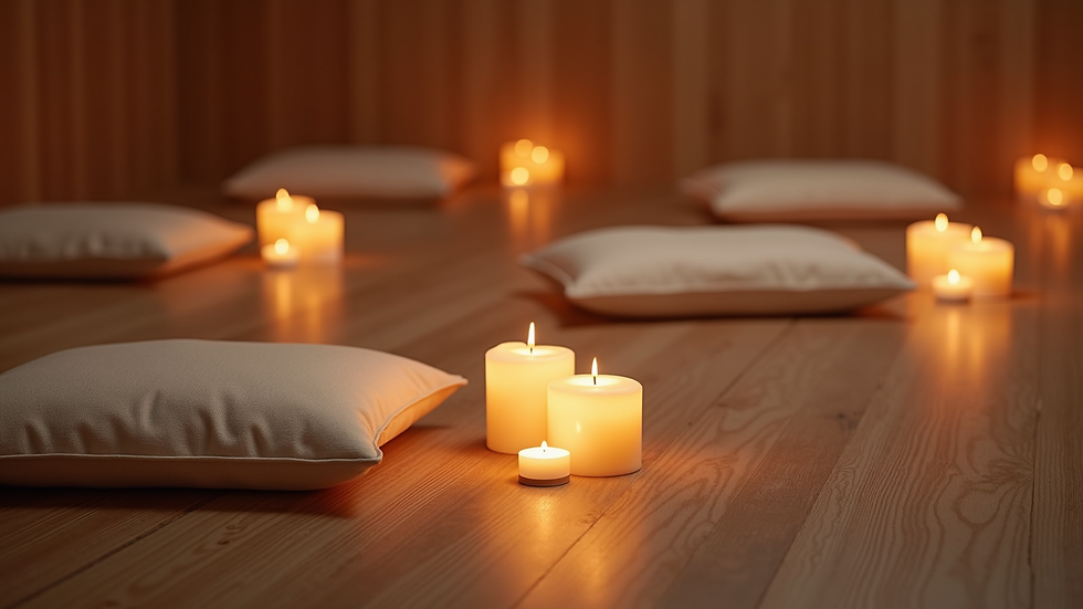 High angle view of a serene meditation space with candles and cushions