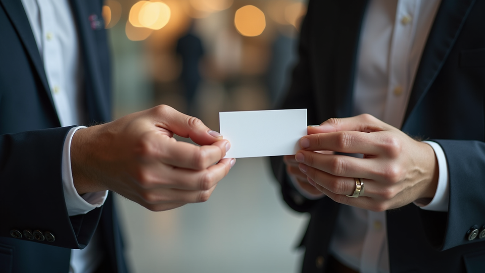 Close-up view of a business card exchange during a networking event