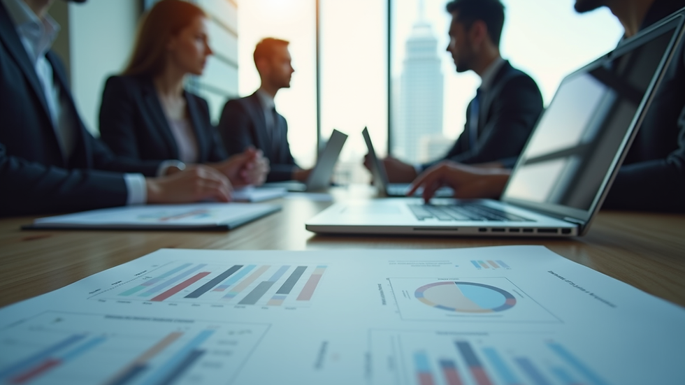 Eye-level view of a business meeting with charts and laptops