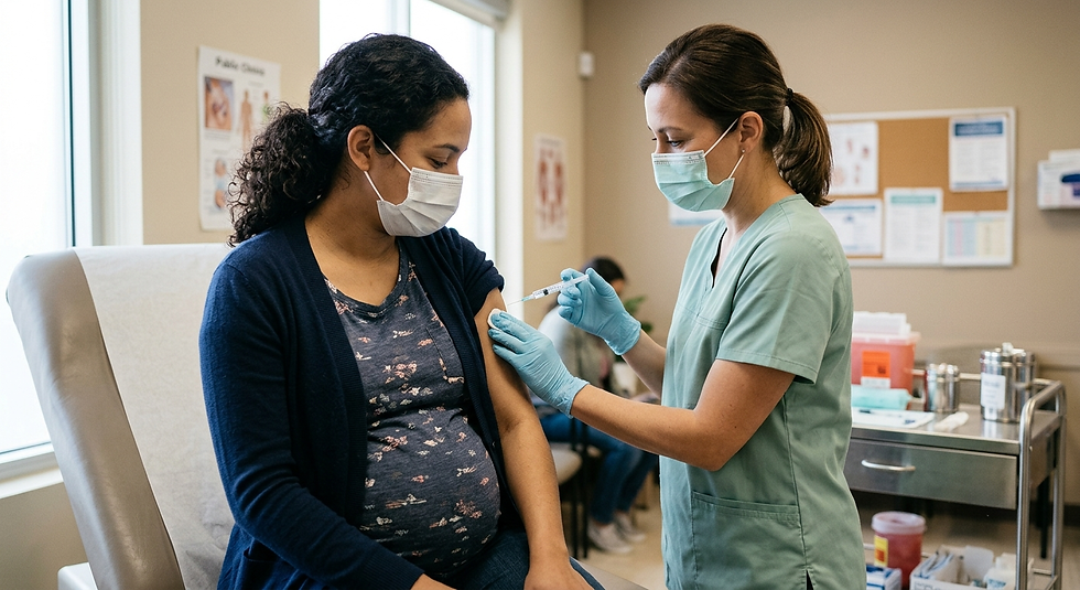 A nurse in green scrubs and blue gloves administers an injection into the upper arm of a pregnant patient wearing a face mask, in a clinical exam room.