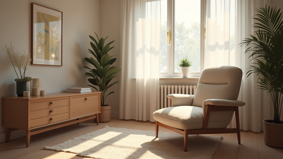 Eye-level view of a calm therapy room with soft lighting and a comfortable chair
