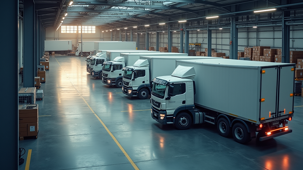 High angle view of a logistics warehouse with trucks ready for delivery