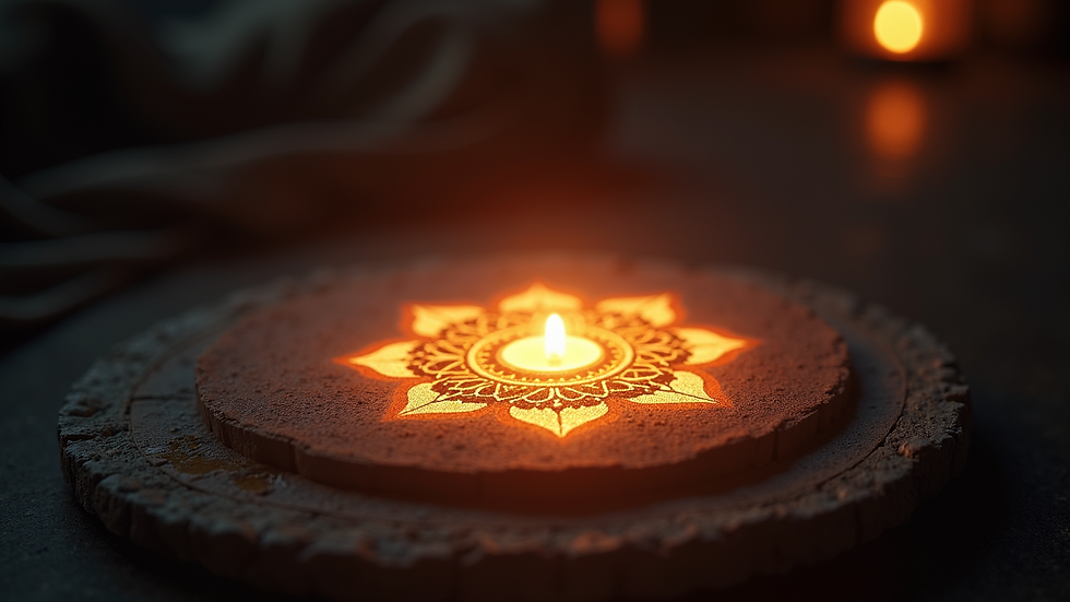 Close-up view of a glowing chakra symbol on a dark background