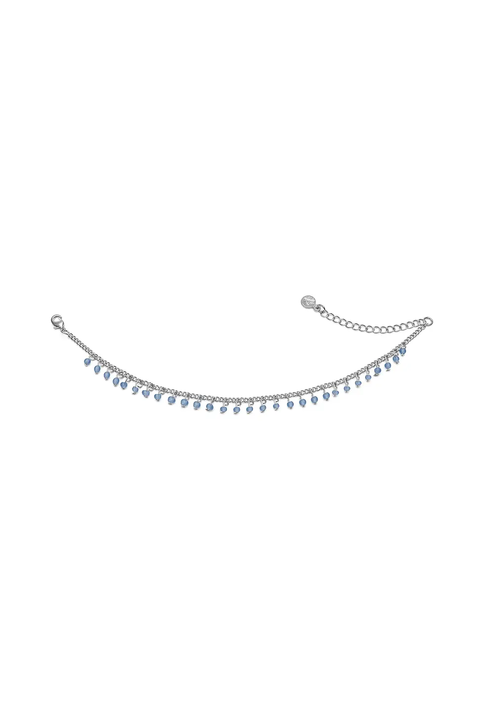 TOBILLERA CON CRISTAL RECICLADO  Elegante tobillera con una cadena fina enriquecida con pequeñas puntas de luz colgante turqu