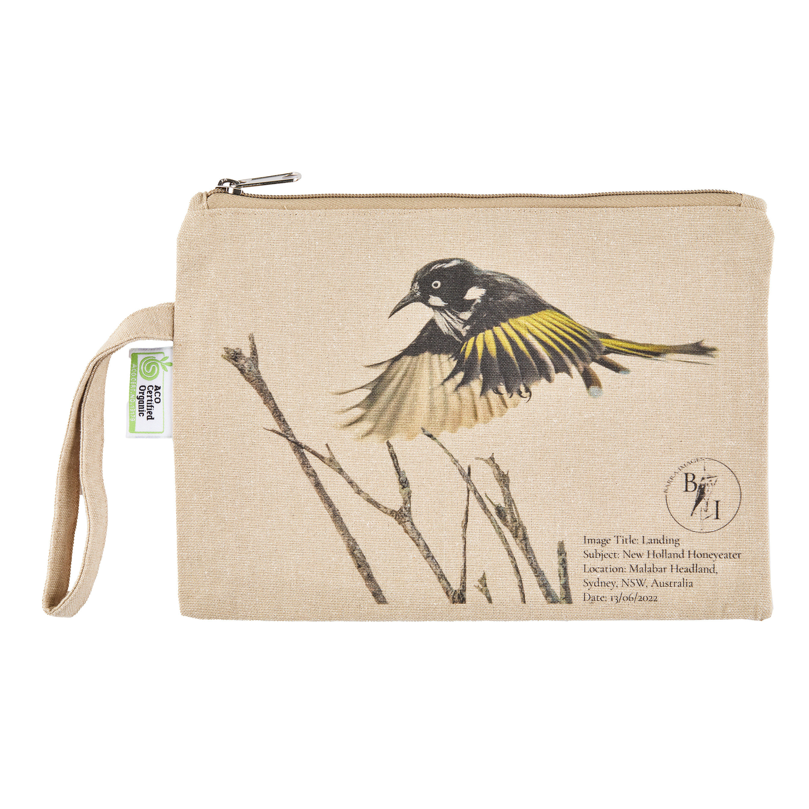 Landing - New Holland Honeyeater Multi-use Cotton Bag depicts the New Holland Honeyeater landing on its perch