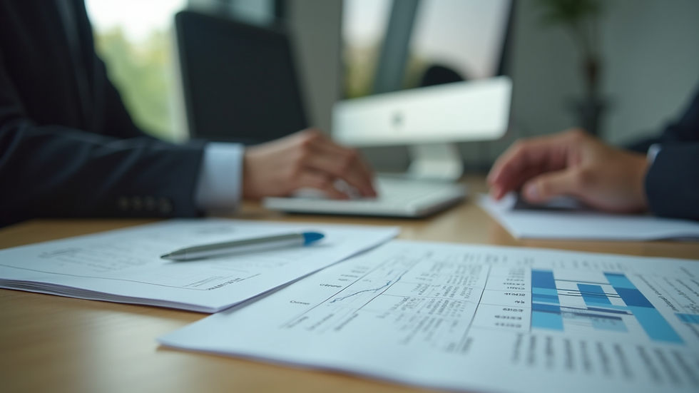 Eye-level view of office desk with computer and financial documents