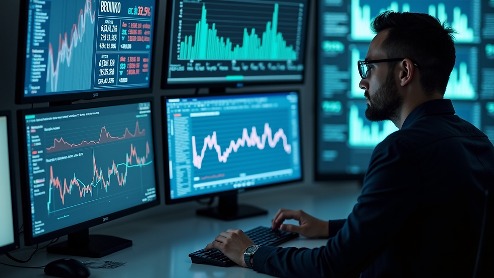 High angle view of a fraud investigator analyzing data on multiple screens