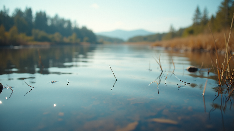 Eye-level view of a serene landscape with a calm lake