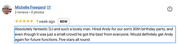 Google Review for DJ Andy Richardson