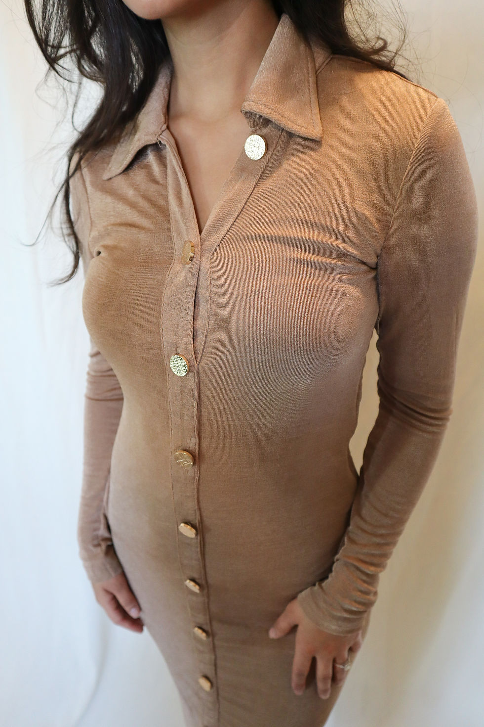 Thumbnail: Collared Bodycon Midi Dress Tan