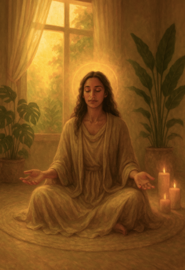 A serene woman in a halo-like glow meditates in a warm room with plants, candles, and sunlight filtering through a window, evoking peace.