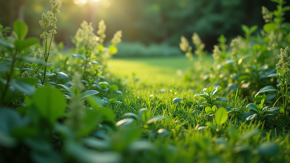 Eye-level view of a lush green garden with diverse plants
