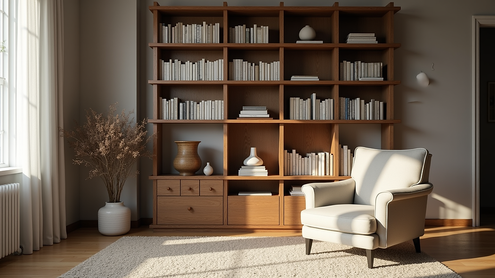 Eye-level view of a cozy living room with a bookshelf and a comfortable chair