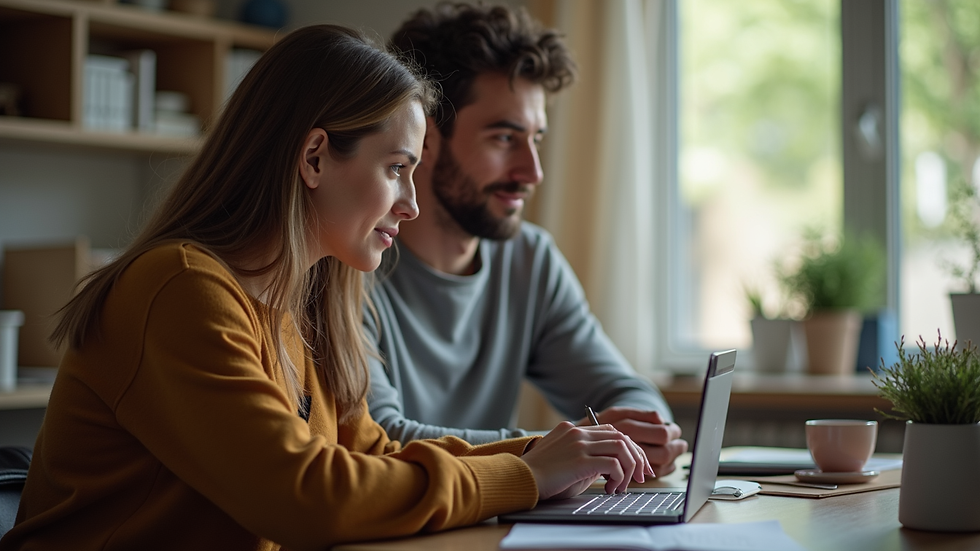 Vista lateral de una pareja revisando un planificador digital en una tablet